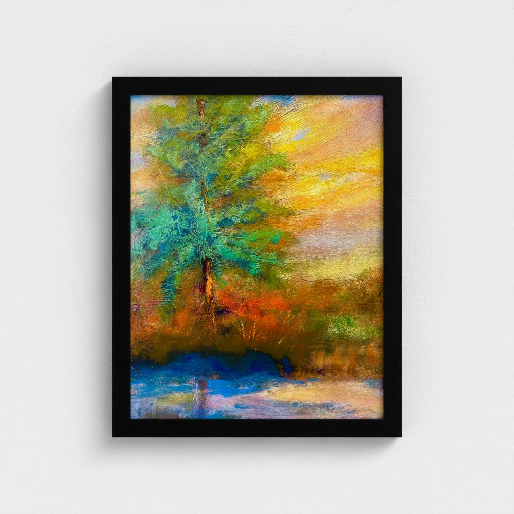 Framed impressionist painting of a radiant sunrise over the horizon with vivid yellow and red sky