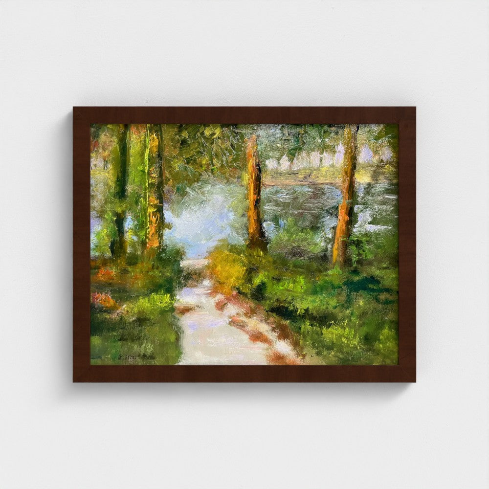 Impressionist painting of a forest lake with trees, a shoreline path, and soft morning light