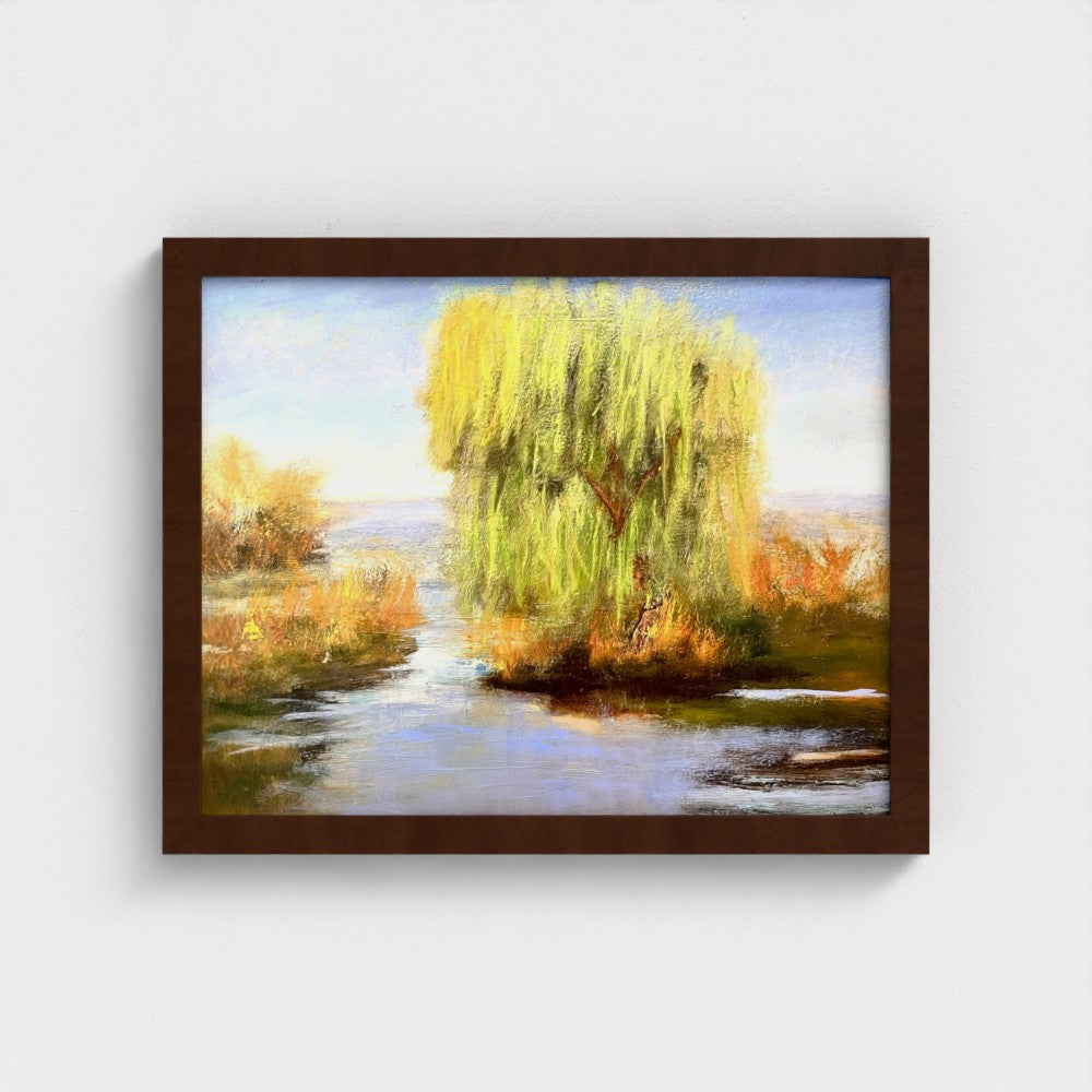 Impressionist painting of a willow tree with golden light reflected on still water