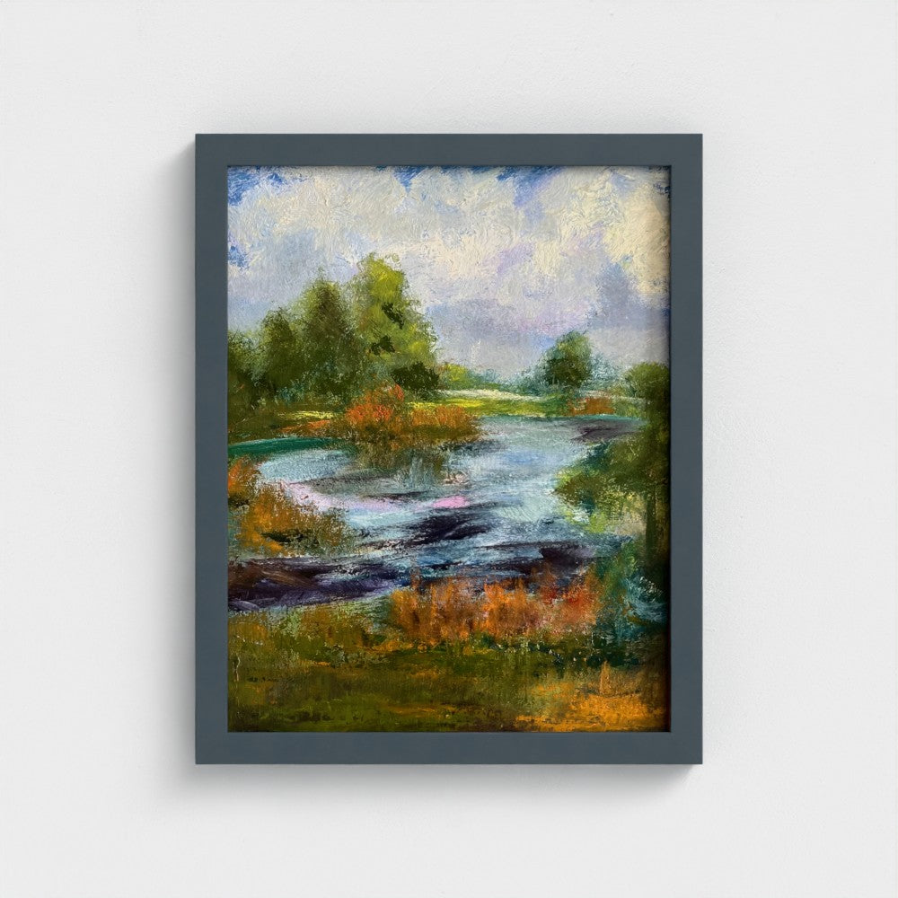 Impressionist painting of trees with golden morning light over dew-lit grass
