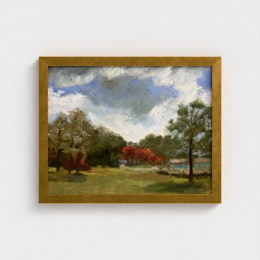 Impressionist painting of still water with soft sky reflections and gentle light