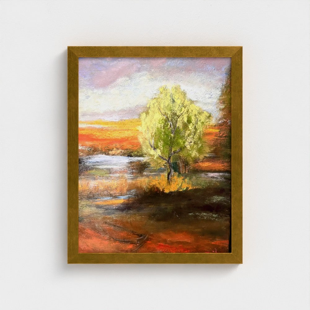 Impressionist painting of a bright green spring tree with golden sunset light over land and water