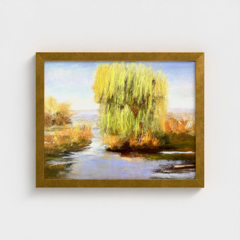 Impressionist painting of a willow tree with golden light reflected on still water