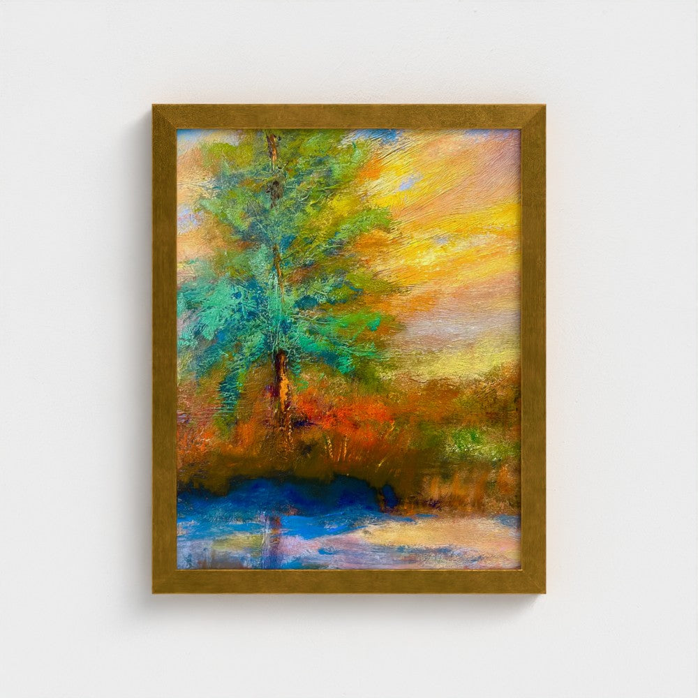 Framed impressionist painting of a radiant sunrise over the horizon with vivid yellow and red sky