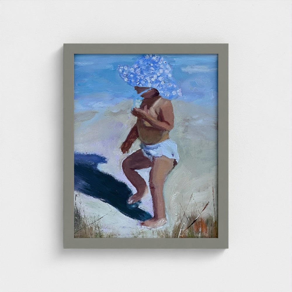 Impressionist painting of a young child in a wide polka-dotted blue hat with beach shoreline and bright summer light