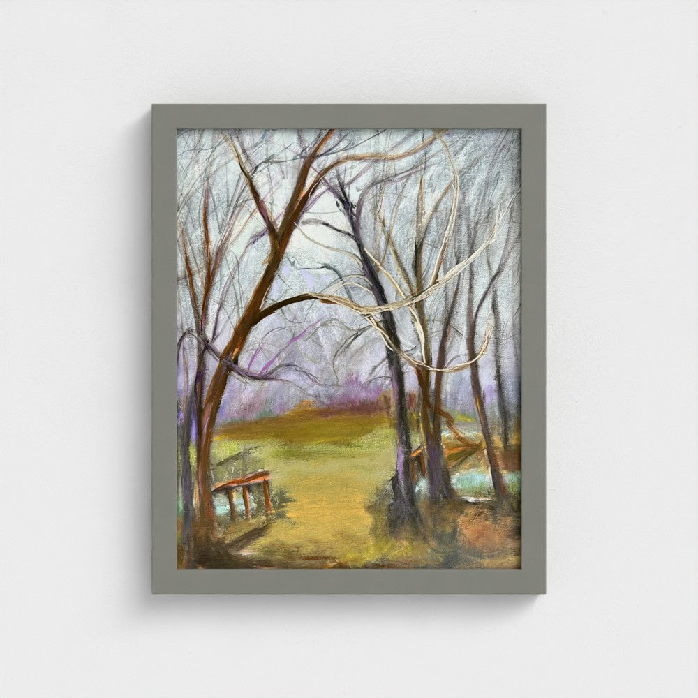 Impressionist painting of a landscape with gathering storm clouds, trees, and soft light before rain