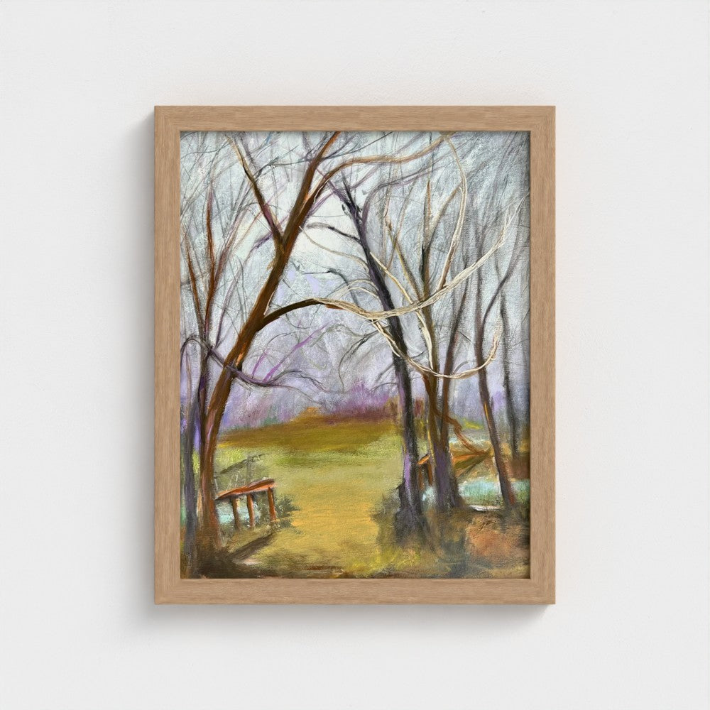 Impressionist painting of a landscape with gathering storm clouds, trees, and soft light before rain