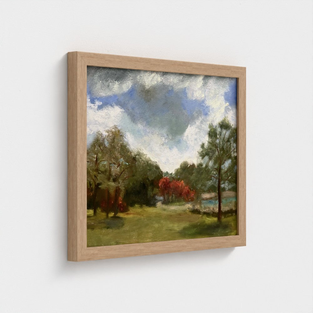 Impressionist painting of still water with soft sky reflections and gentle light