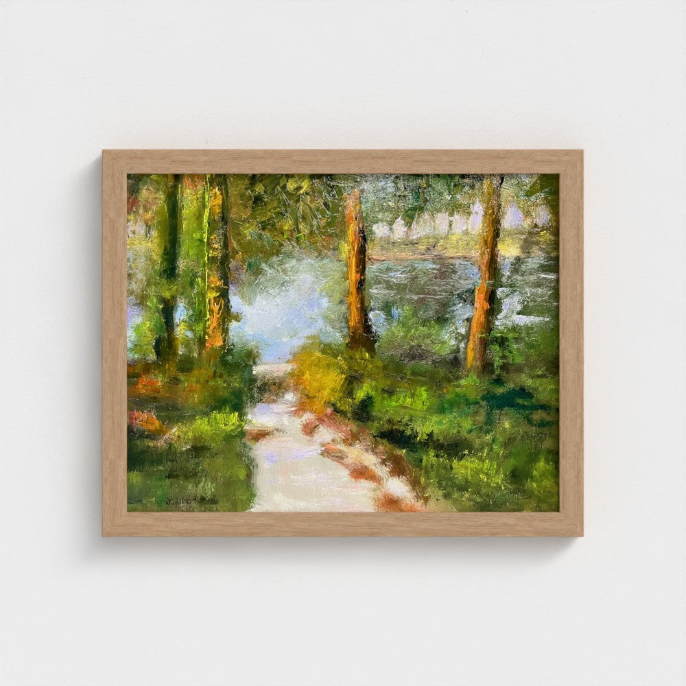 Impressionist painting of a forest lake with trees, a shoreline path, and soft morning light
