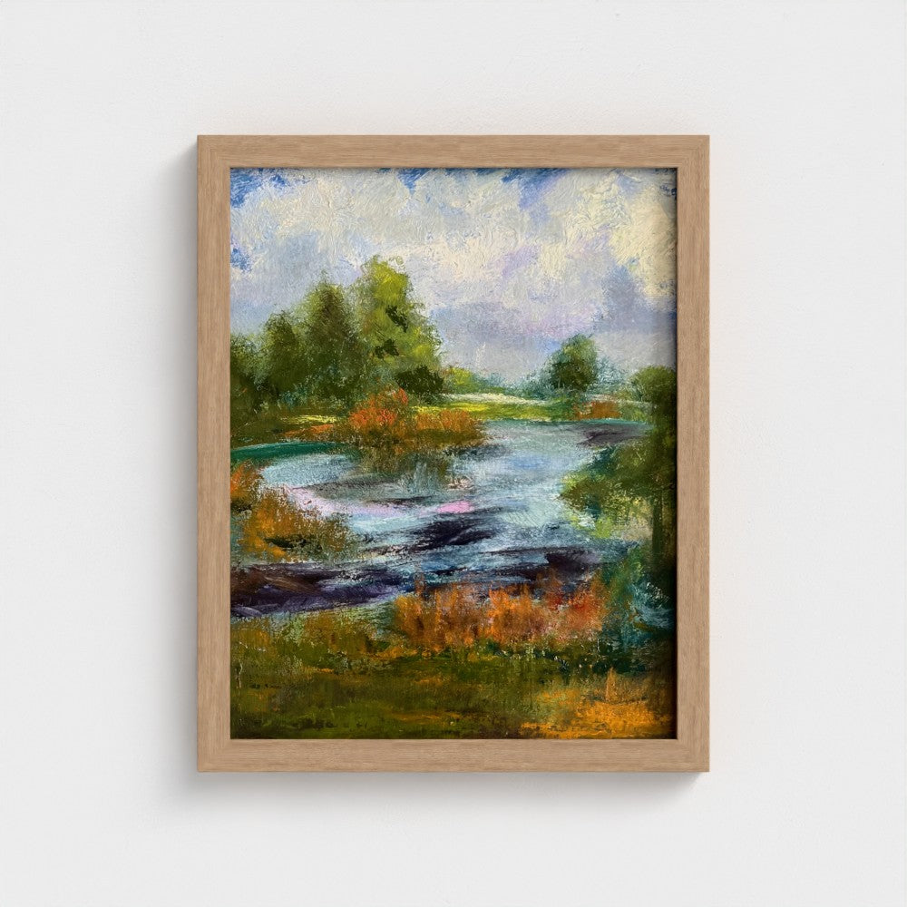 Impressionist painting of trees with golden morning light over dew-lit grass