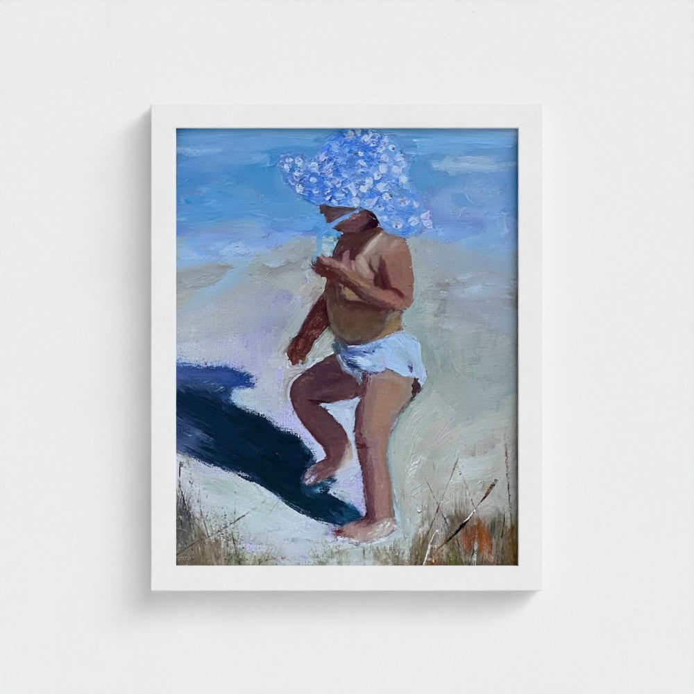 Impressionist painting of a young child in a wide polka-dotted blue hat with beach shoreline and bright summer light