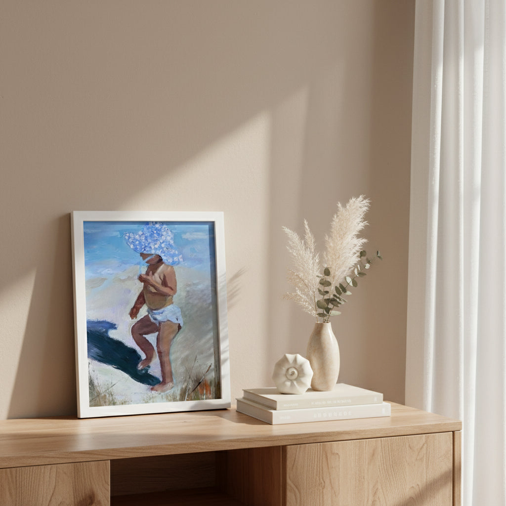 Impressionist painting of a young child in a wide polka-dotted blue hat with beach shoreline and bright summer light