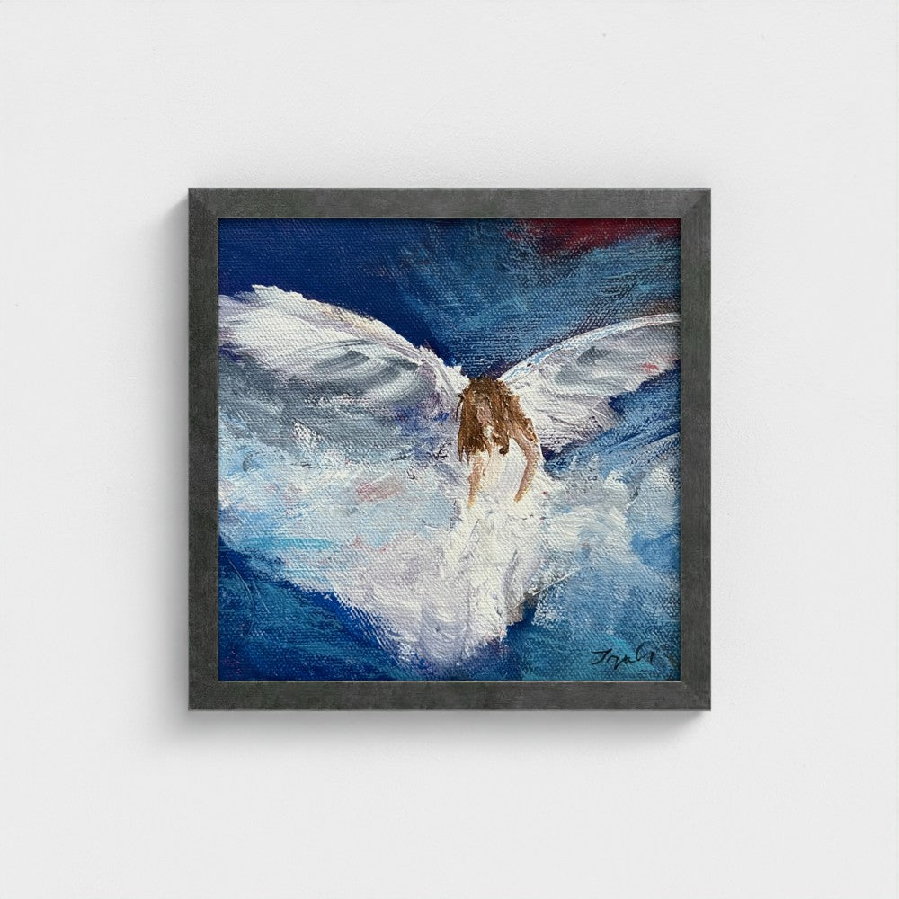 Impressionist painting of swirling white and blue light suggesting wings and airy movement