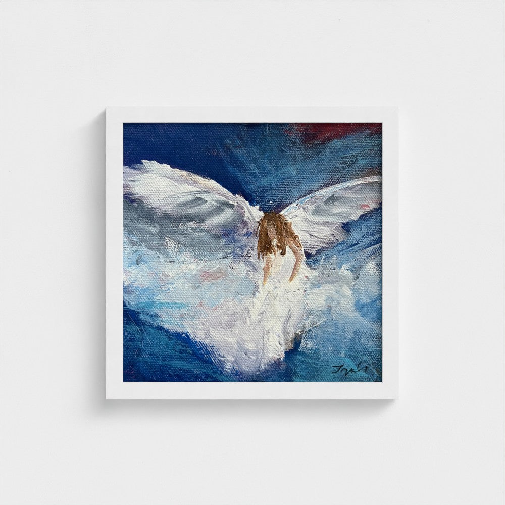 Impressionist painting of swirling white and blue light suggesting wings and airy movement