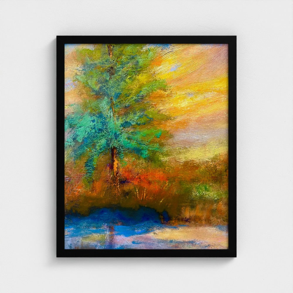 Framed impressionist painting of a radiant sunrise over the horizon with vivid yellow and red sky