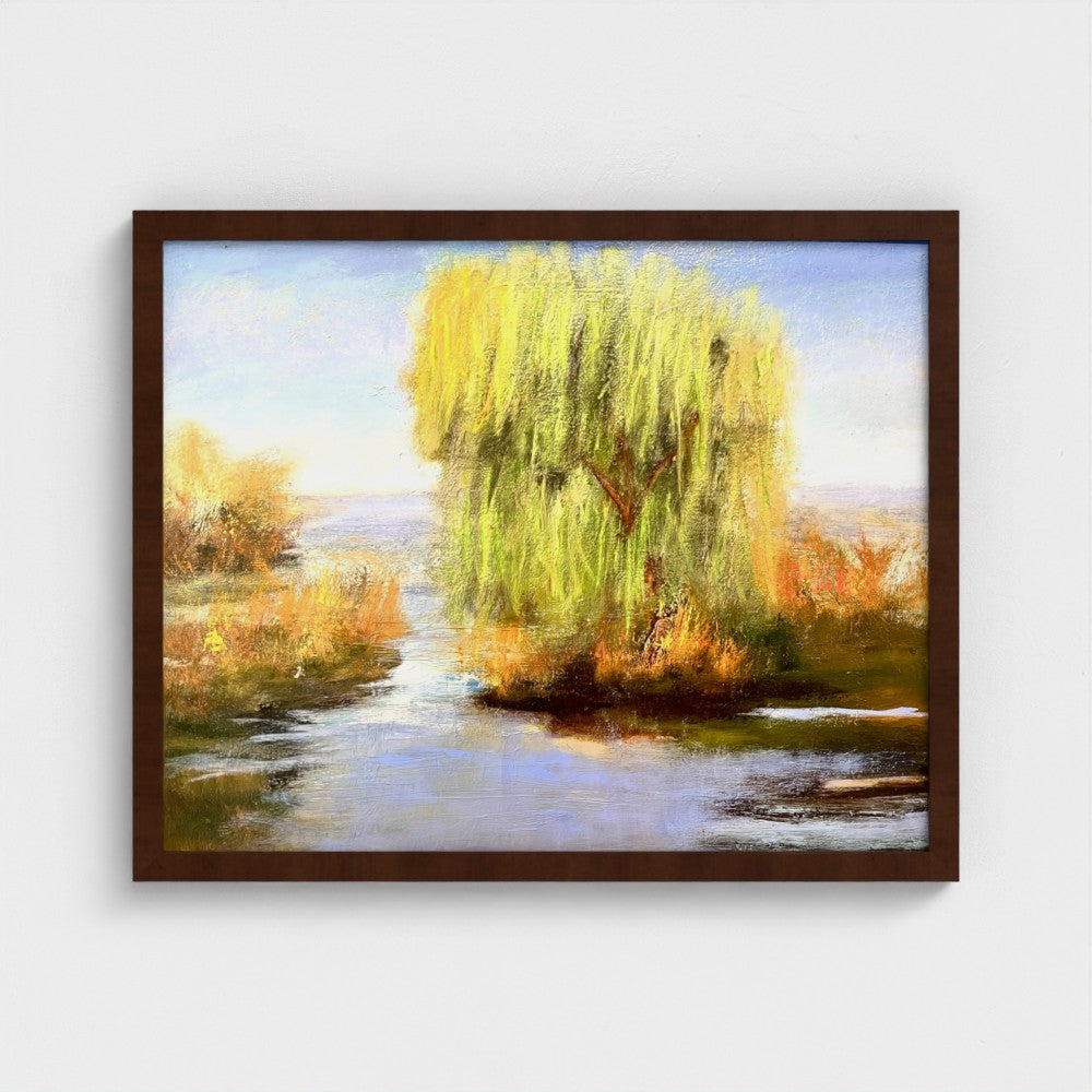 Impressionist painting of a willow tree with golden light reflected on still water