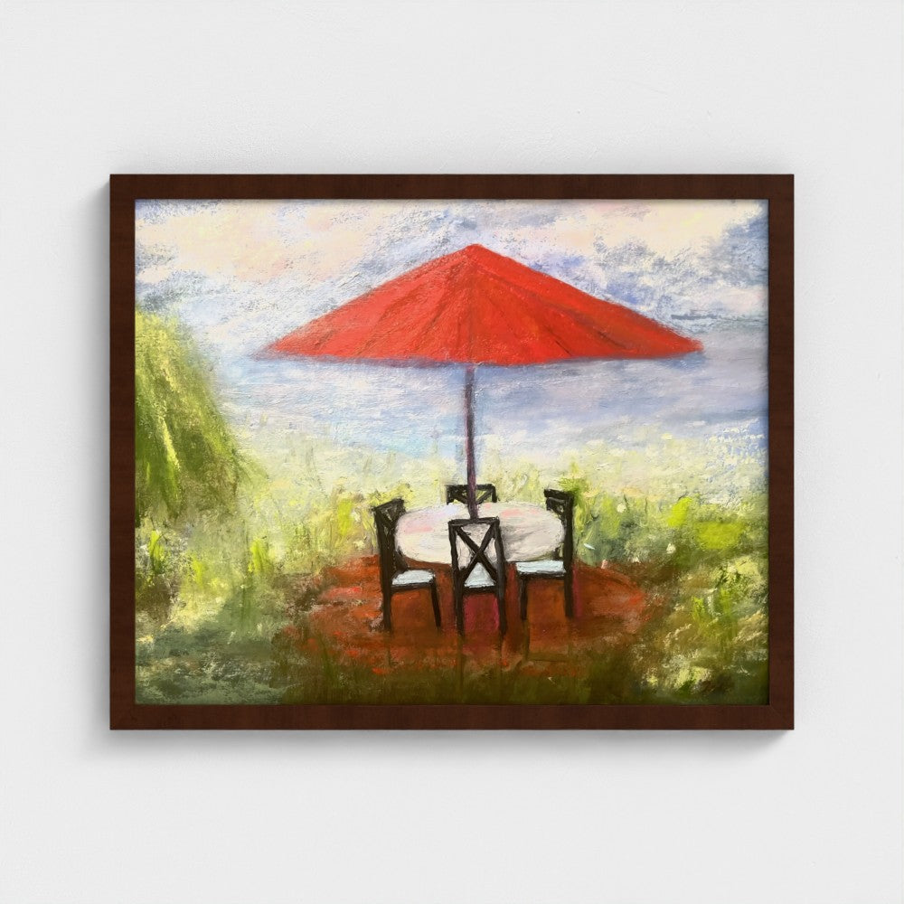 Impressionistic painting of an outdoor setting with a red umbrella, table, and chairs.