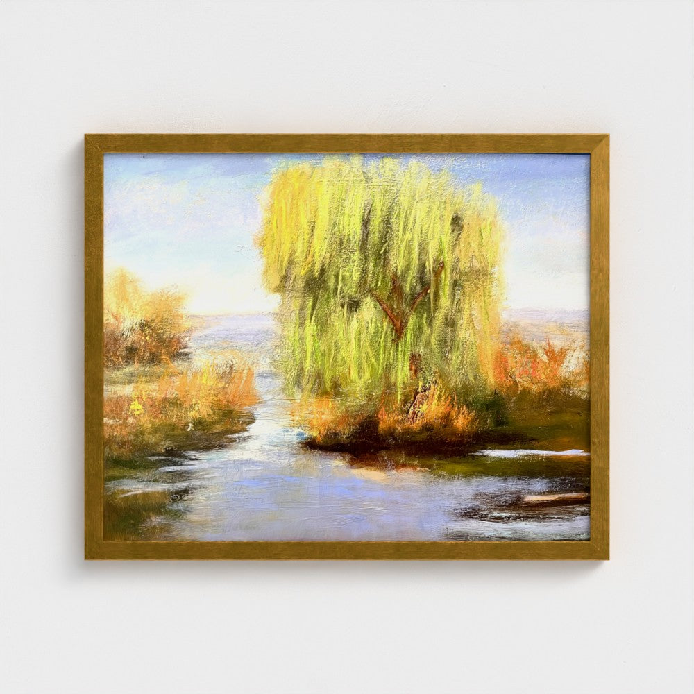 Impressionist painting of a willow tree with golden light reflected on still water