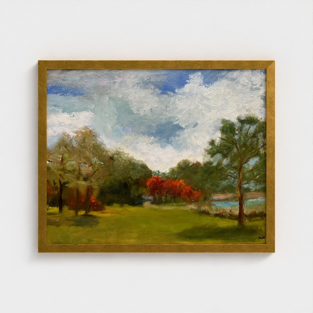 Impressionist painting of still water with soft sky reflections and gentle light