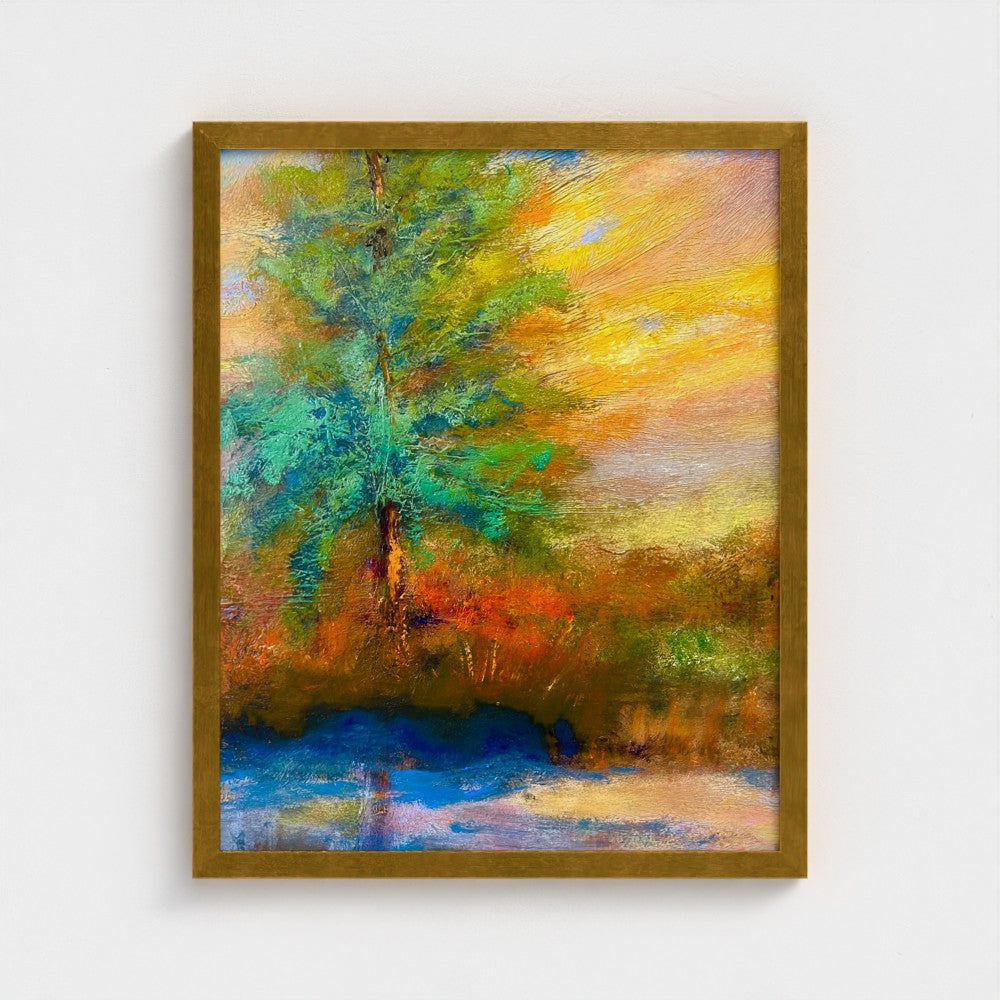 Framed impressionist painting of a radiant sunrise over the horizon with vivid yellow and red sky
