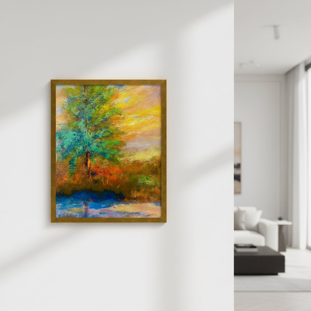 Framed impressionist painting of a radiant sunrise over the horizon with vivid yellow and red sky on white wall