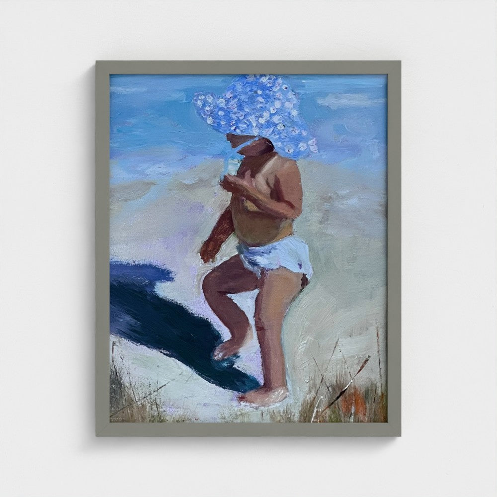 Impressionist painting of a young child in a wide polka-dotted blue hat with beach shoreline and bright summer light