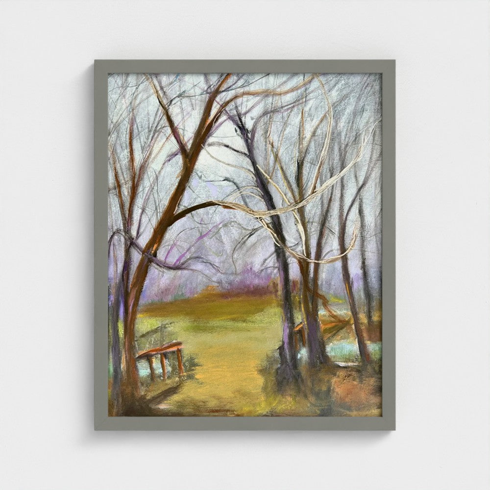 Impressionist painting of a landscape with gathering storm clouds, trees, and soft light before rain