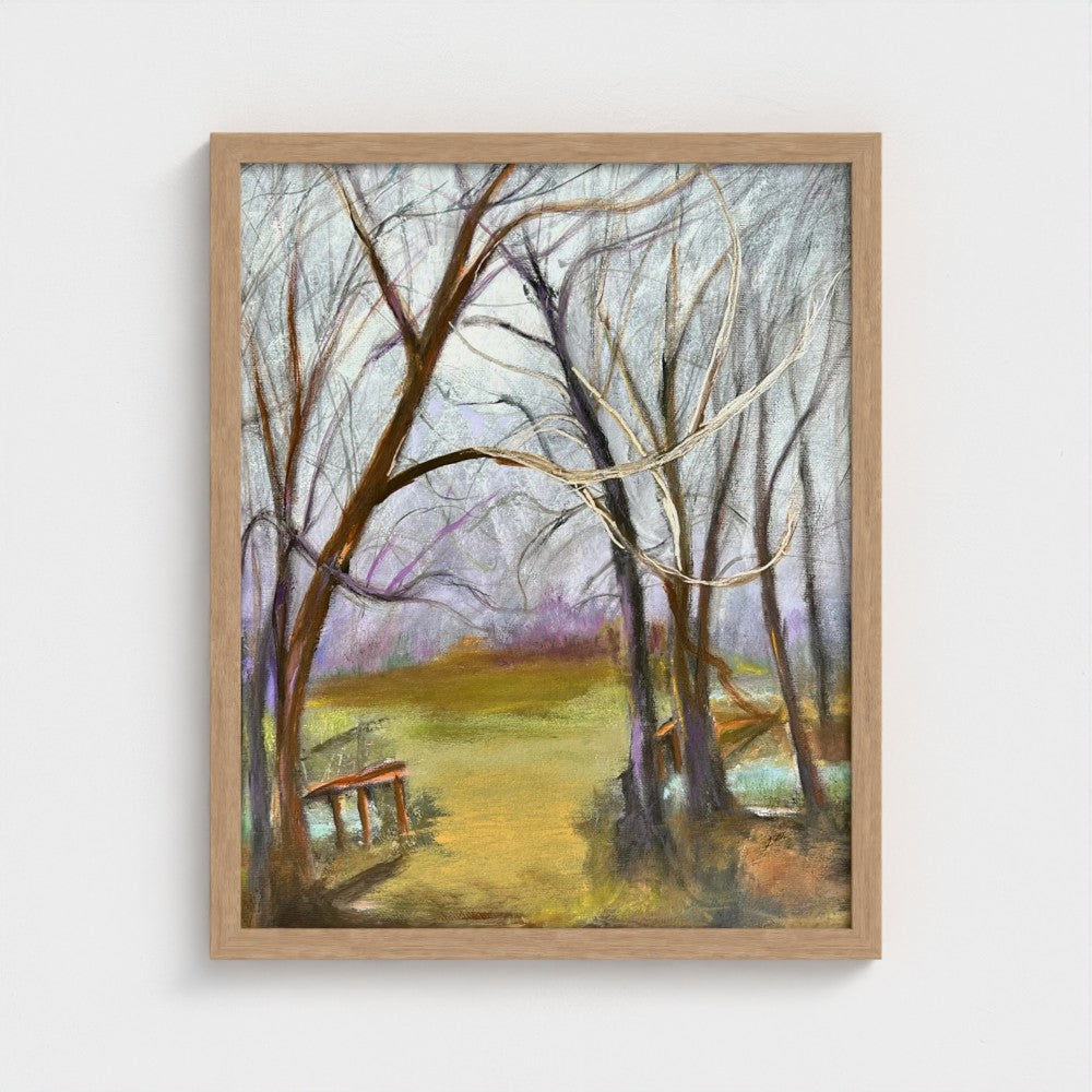 Impressionist painting of a landscape with gathering storm clouds, trees, and soft light before rain