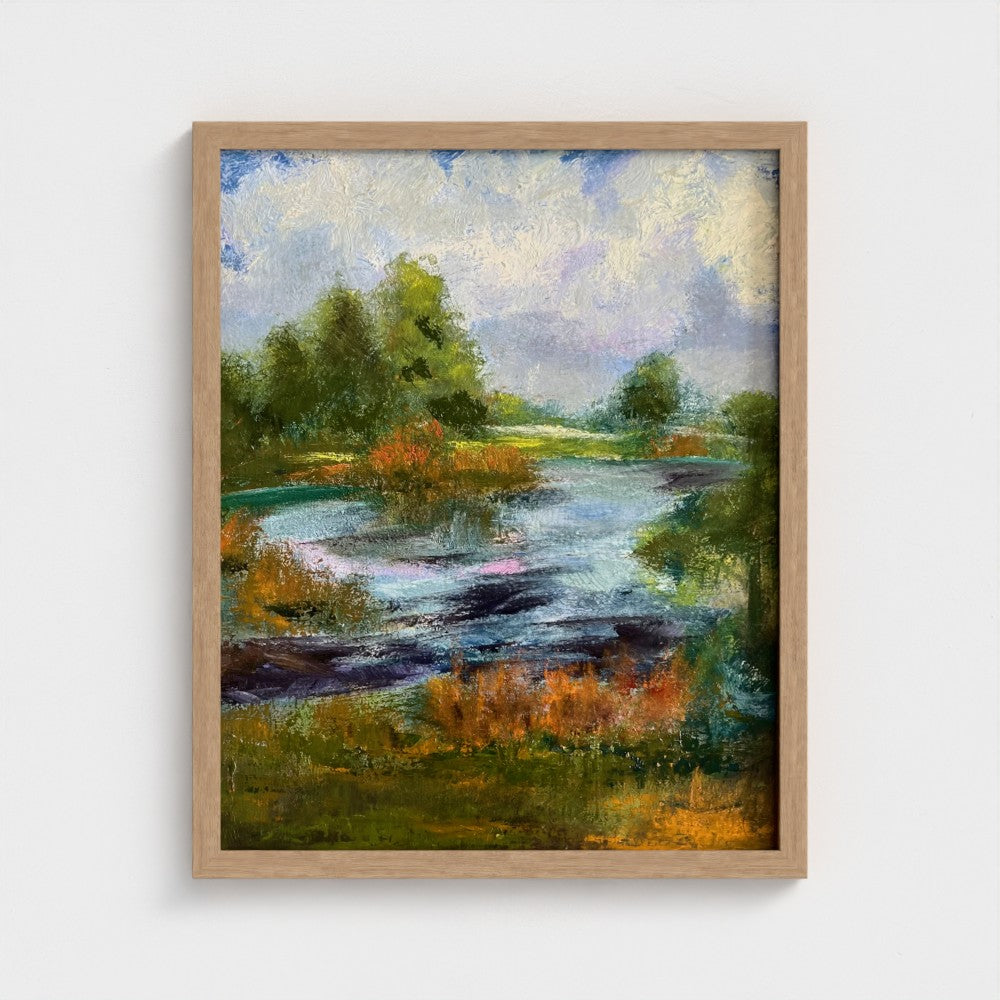Impressionist painting of trees with golden morning light over dew-lit grass
