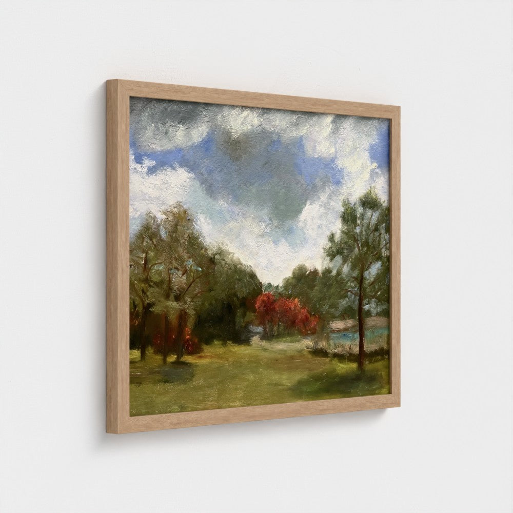 Impressionist painting of still water with soft sky reflections and gentle light