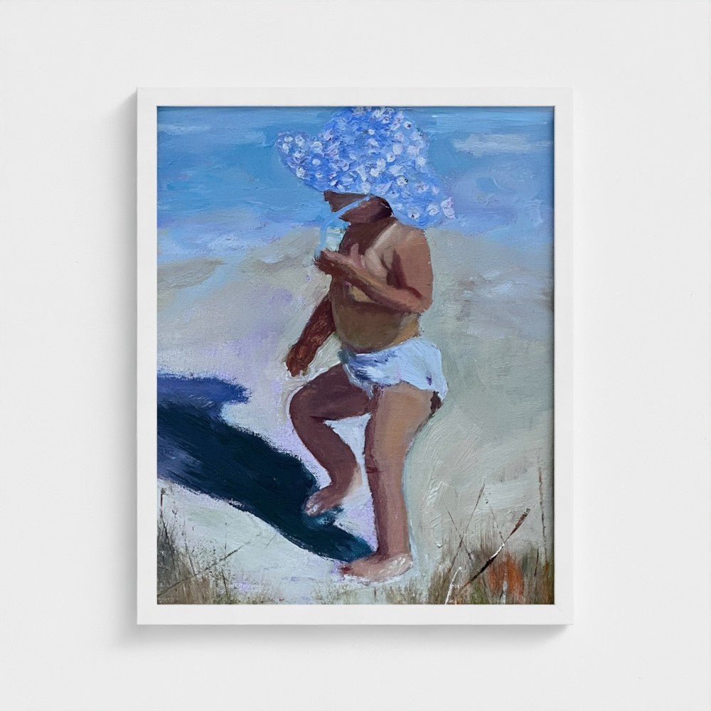 Impressionist painting of a young child in a wide polka-dotted blue hat with beach shoreline and bright summer light