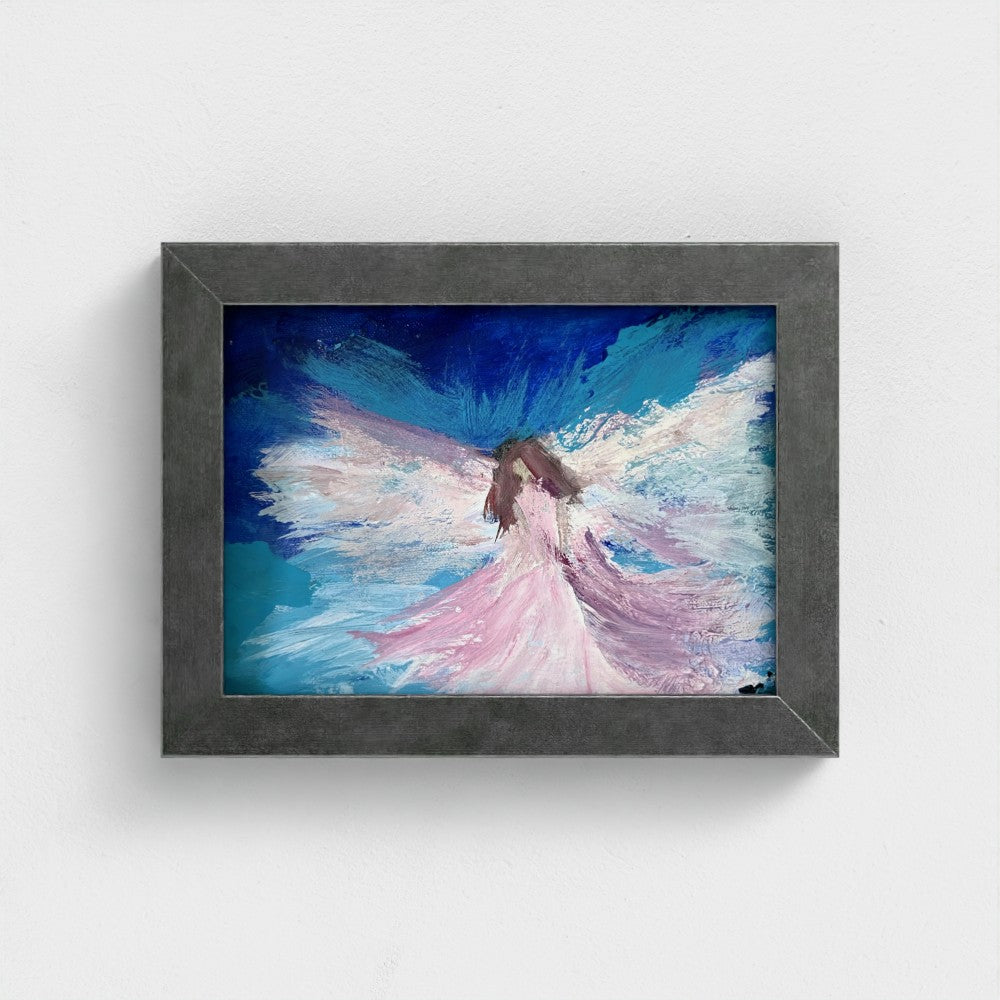 Impressionist painting of a luminous abstract figure with swirling pink and blue brushstrokes and soft white light