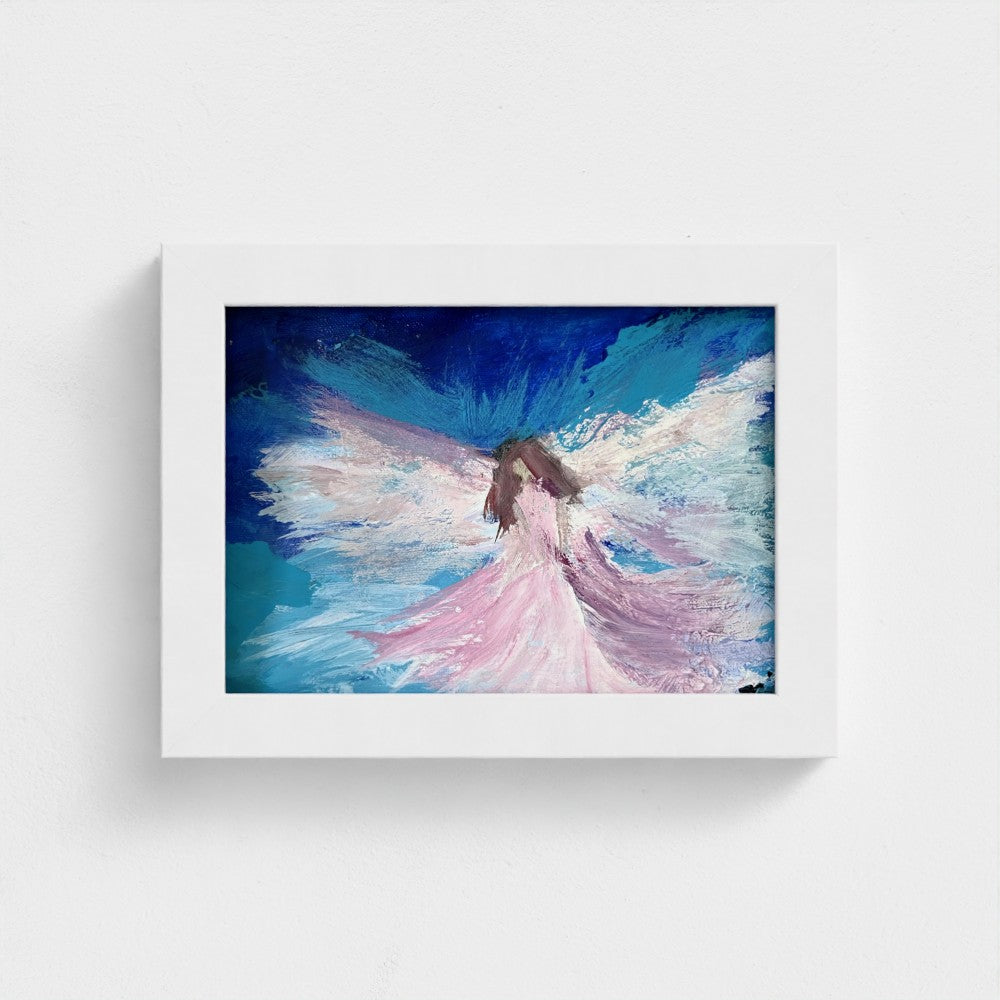Impressionist painting of a luminous abstract figure with swirling pink and blue brushstrokes and soft white light