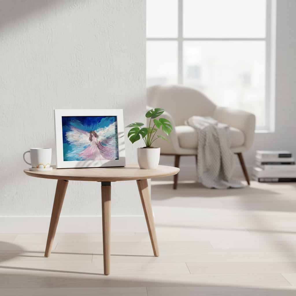 Impressionist painting of a luminous abstract figure with swirling pink and blue brushstrokes and soft white light