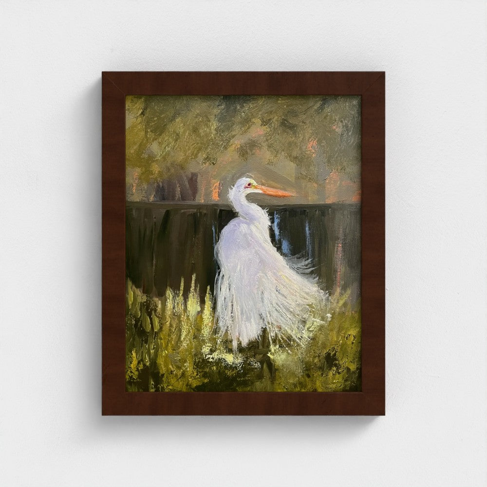 Impressionist painting of a white egret standing in marsh water with subtle reflections and warm sunlight
