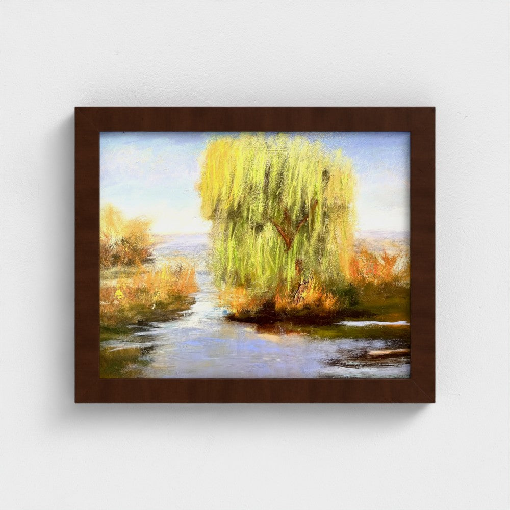 Impressionist painting of a willow tree with golden light reflected on still water