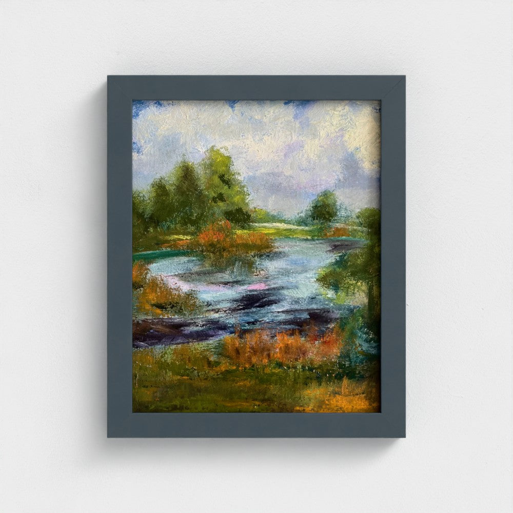 Impressionist painting of trees with golden morning light over dew-lit grass