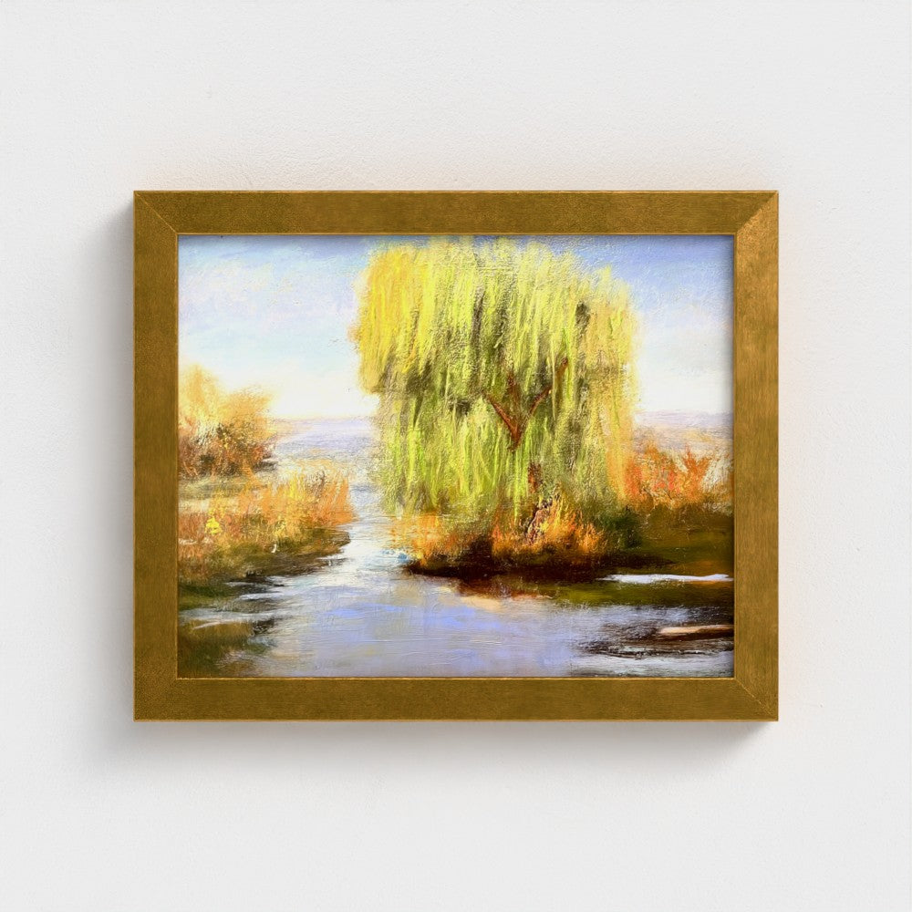 Impressionist painting of a willow tree with golden light reflected on still water