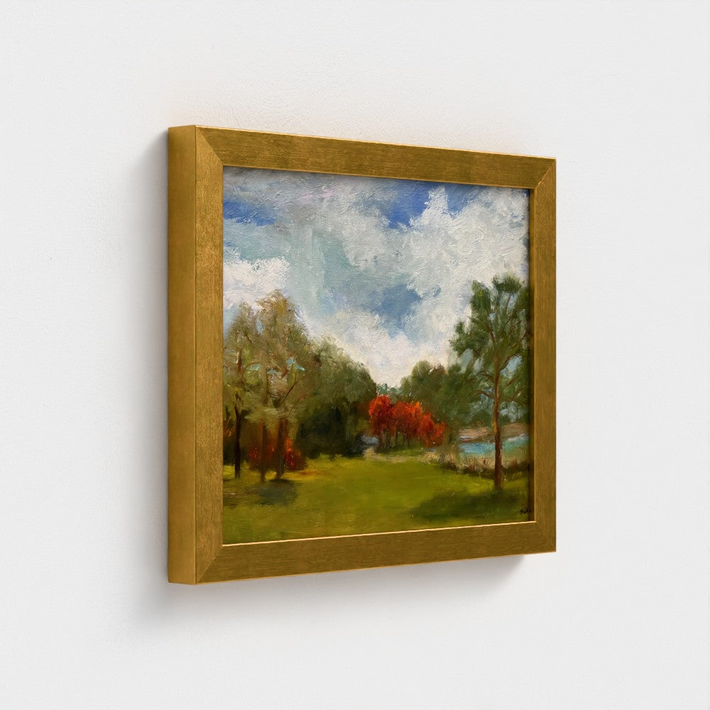 Impressionist painting of still water with soft sky reflections and gentle light