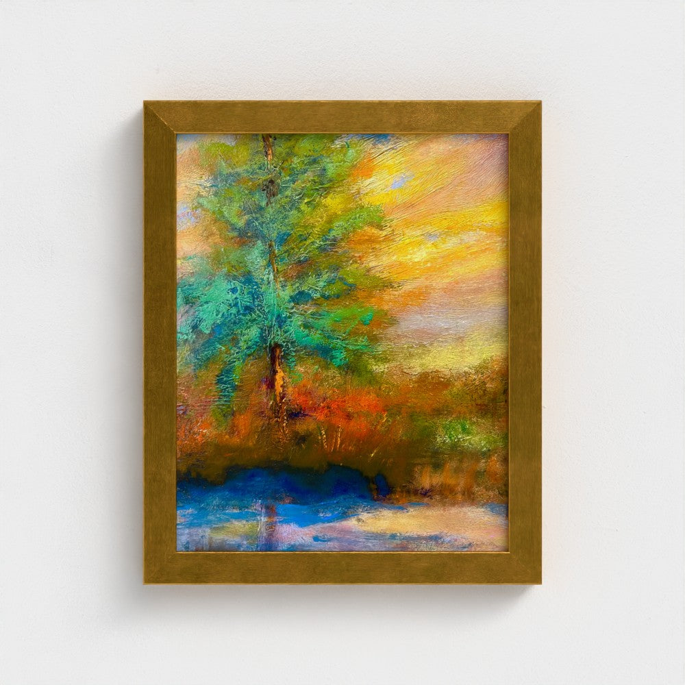 Framed impressionist painting of a radiant sunrise over the horizon with vivid yellow and red sky