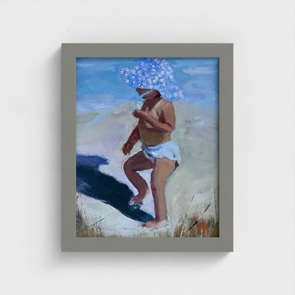 Impressionist painting of a young child in a wide polka-dotted blue hat with beach shoreline and bright summer light