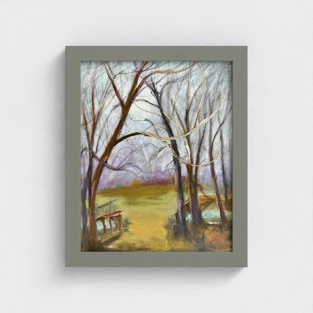 Impressionist painting of a landscape with gathering storm clouds, trees, and soft light before rain
