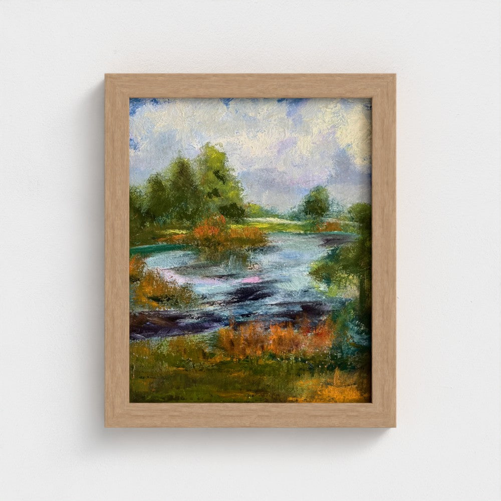 Impressionist painting of trees with golden morning light over dew-lit grass