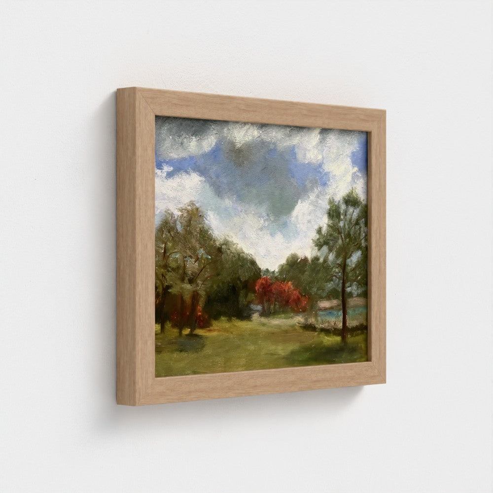 Impressionist painting of still water with soft sky reflections and gentle light