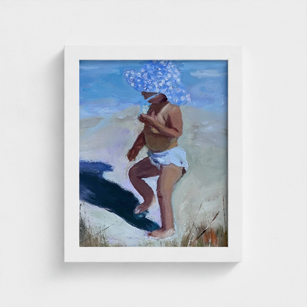Impressionist painting of a young child in a wide polka-dotted blue hat with beach shoreline and bright summer light
