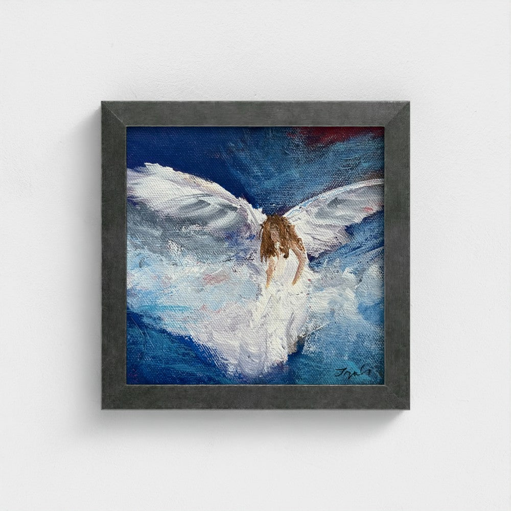 Impressionist painting of swirling white and blue light suggesting wings and airy movement