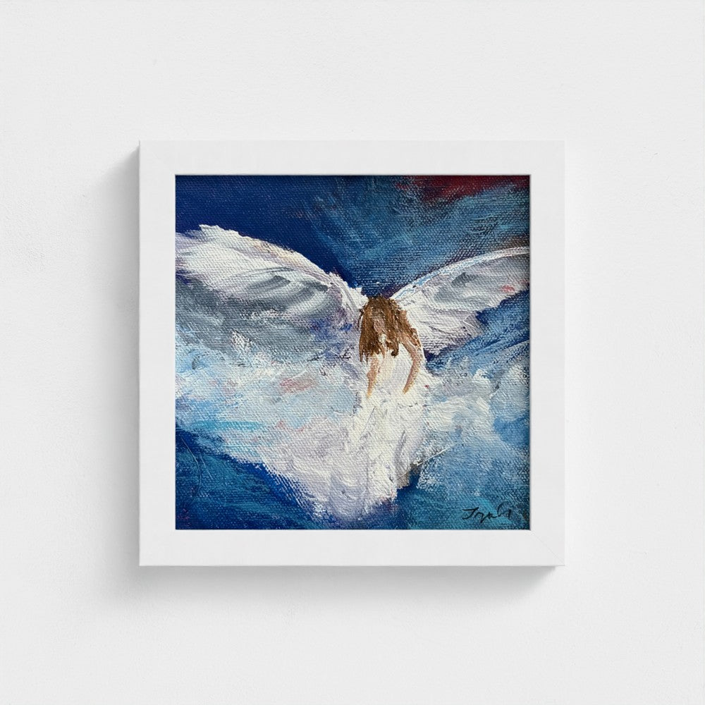 Impressionist painting of swirling white and blue light suggesting wings and airy movement