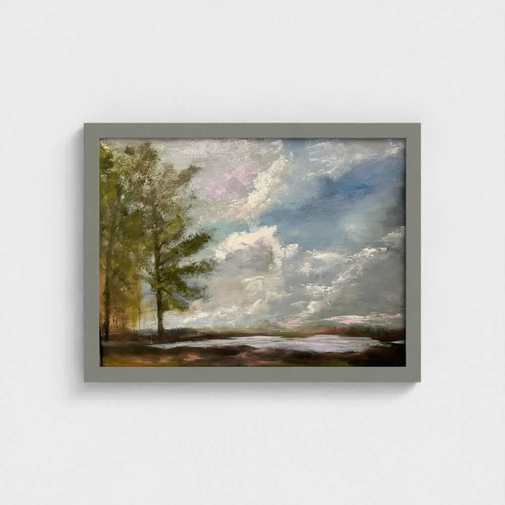 Impressionist painting of tranquil blue water with a soft misty sky and hints of golden light