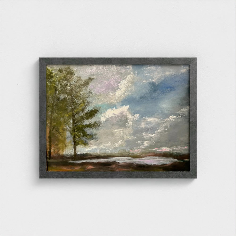 Impressionist painting of tranquil blue water with a soft misty sky and hints of golden light