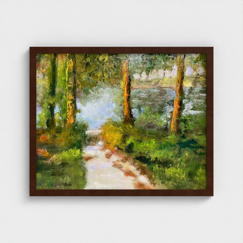 Impressionist painting of a forest lake with trees, a shoreline path, and soft morning light